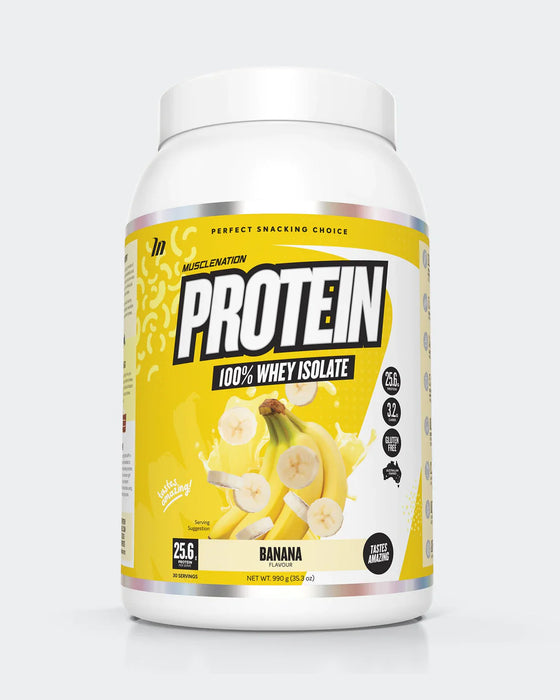 Muscle Nation 100% Whey Protein Isolate banana flavor.