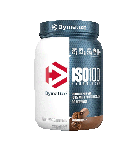 Dymatize ISO-100 Isolate Protein Powder 1.4lb gourmet chocolate flavor.