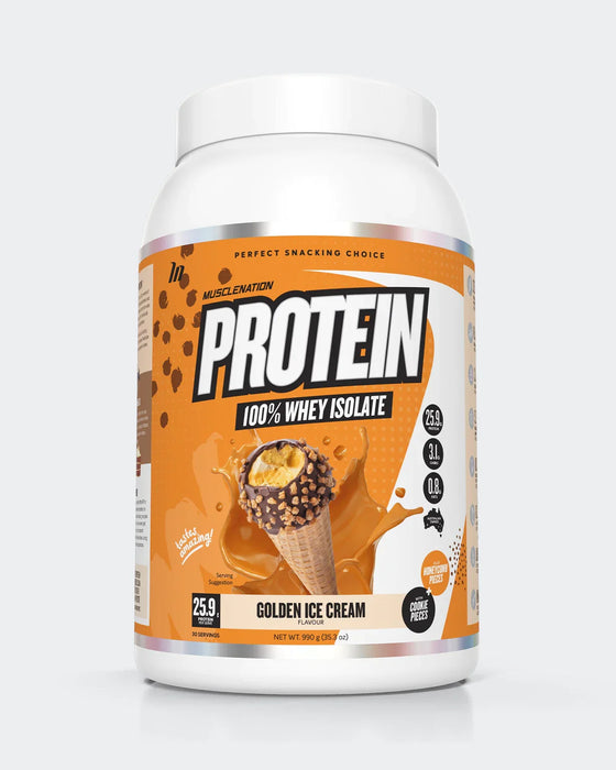 Muscle Nation 100% Whey Protein Isolate golden ice cream flavor.