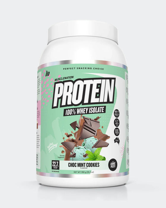 Muscle Nation 100% Whey Protein Isolate choc mint cookies flavor.