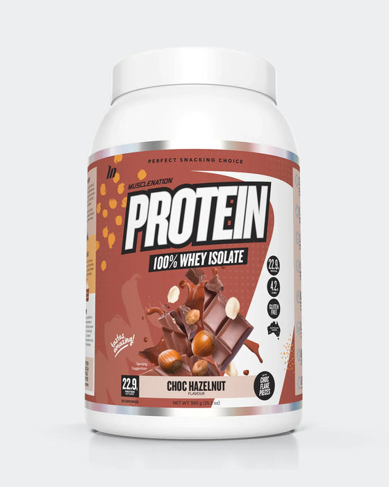 Muscle Nation 100% Whey Protein Isolate choc hazelnut flavor.