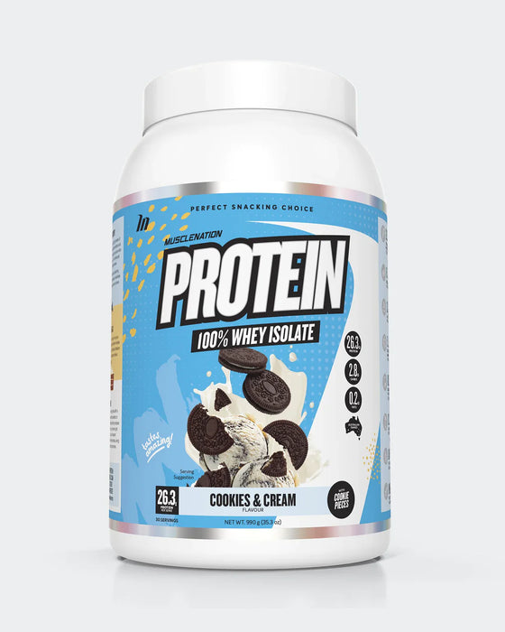 Muscle Nation 100% Whey Protein Isolate cookies & cream flavor.