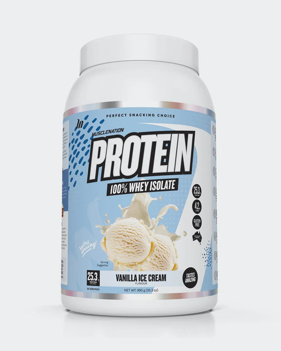 Muscle Nation 100% Whey Protein Isolate vanilla ice cream flavor.