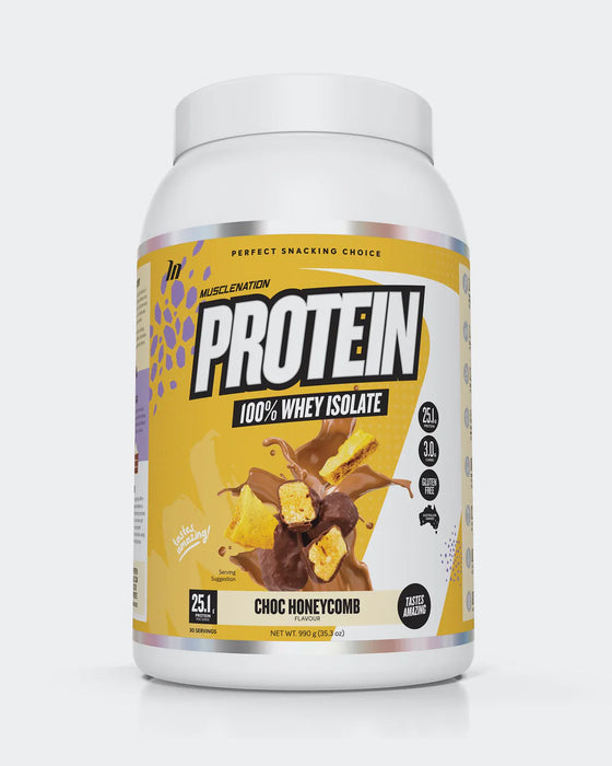 Muscle Nation 100% Whey Protein Isolate choc honeycomb flavor.