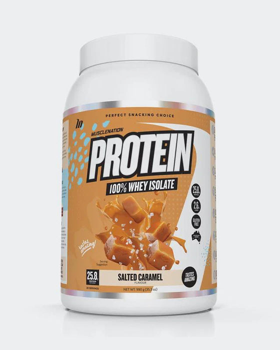 Muscle Nation 100% Whey Protein Isolate salted caramel flavor.