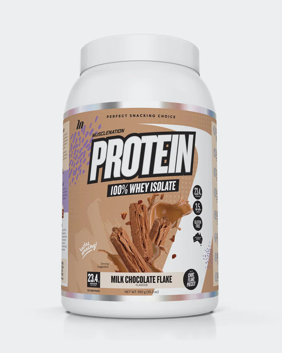 Muscle Nation 100% Whey Protein Isolate milk chocolate flake flavor.