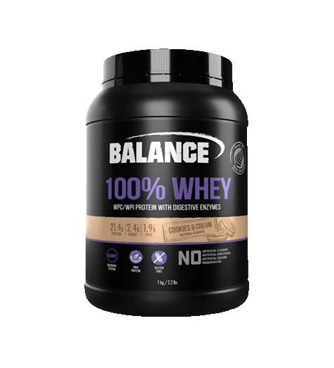 Balance 100% Whey Protein 1kg Cookies & Cream Flavor.