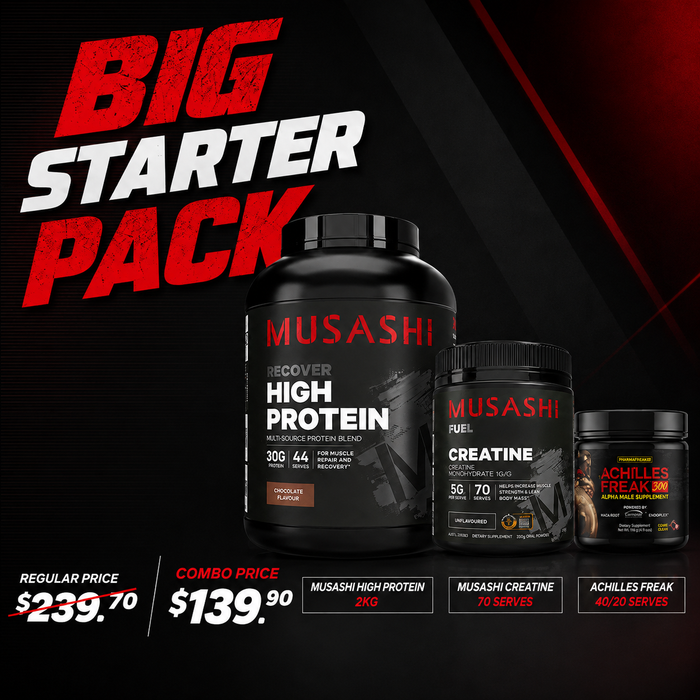 Musashi High Protein 2KG + Musashi Creatine + PharmaFreak Achilles Freak 300 Starter Pack Combo