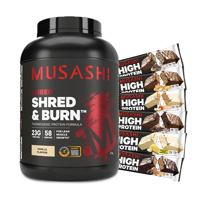 Musashi Shred & Burn 2kg + 6 High Protein Bars Combo