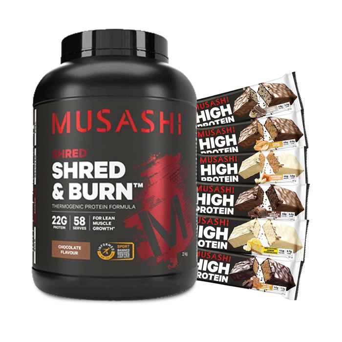 Musashi Shred & Burn 2kg + 6 High Protein Bars Combo