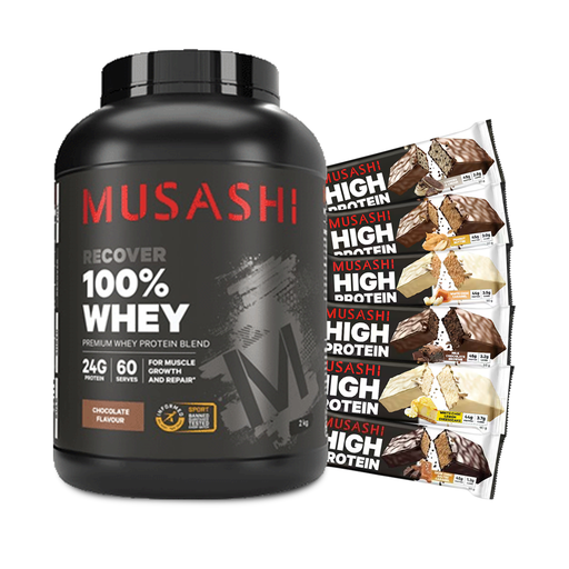 Musashi 100% Whey 2Kg Chocolate flavour + Musashi High Protein Bars