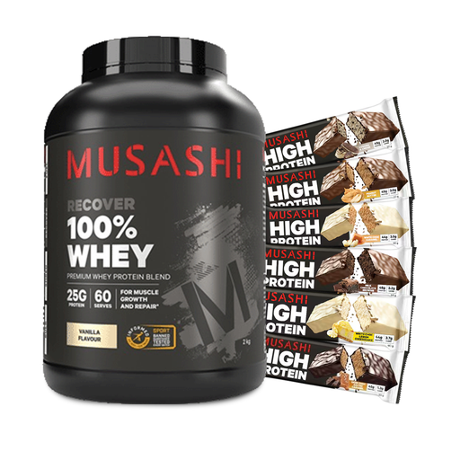 Musashi 100% Whey 2Kg vanilla flavour + Musashi High Protein Bars