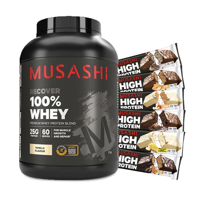 Musashi 100% Whey 2kg + 6 High Protein Bars Combo