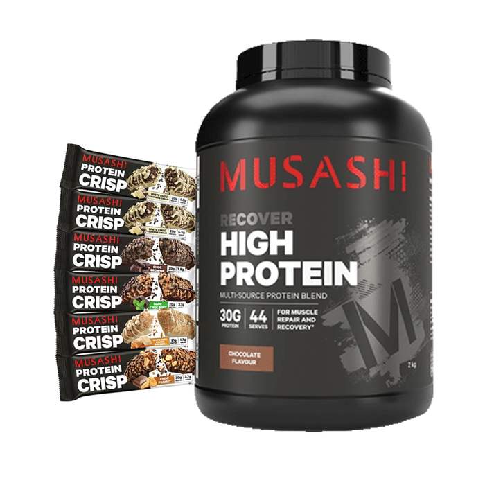 Musashi High Protein 2kg + FREE 6 Musashi Protein Crisp Bars