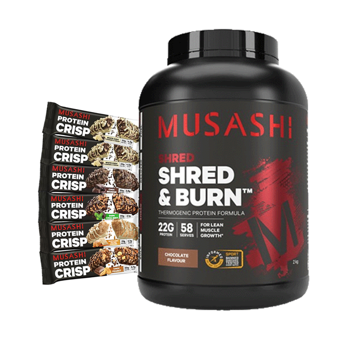 Musashi Shred & Burn Protein 2kg + FREE 6 Musashi Protein Crisp Bars