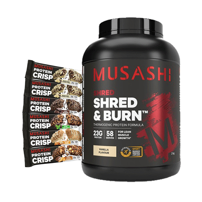 Musashi Shred & Burn Protein 2kg + FREE 6 Musashi Protein Crisp Bars
