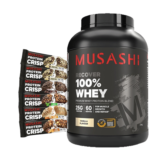 Musashi Whey Protein 2kg + FREE 6 Musashi Protein Crisp Bars