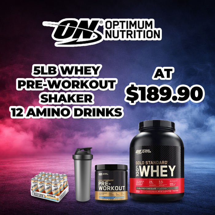 Optimum Nutrition 100% Whey 5LB + Pre-Workout + Amino Energy Drinks + Shaker