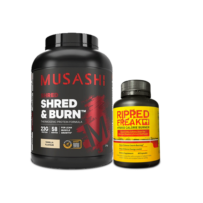 Musashi Shred & Burn Protein Powder 2kg + PharmaFreak Ripped Freak Calorie Burner Combo