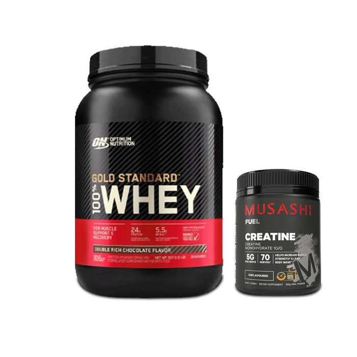 Optimum Nutrition Gold Standard 100% Whey Protein Powder – 2LB (907g) + Free Musashi Creatine