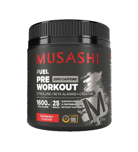 Musashi Pre-Workout Zero Caffeine Raspberry Flavour.