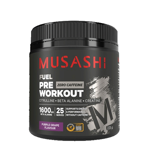 Musashi Pre-Workout Zero Caffeine Purple Grape Flavour.